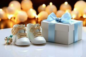 regalos para un bebé linda botines, blanco tarjeta postal, y un chupete, todas blanco ai generado foto