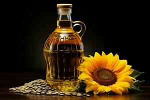 On a dark backdrop, a plastic bottle of sunflower oil is showcased AI Generated photo