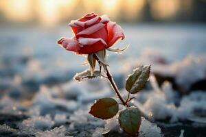 Close up of a single rose, a symbol of love, amid a frosty field AI Generated photo