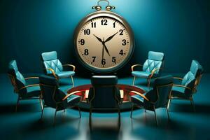 3D rendering Chairs accompanied by clock, in a thoughtfully crafted illustrative scene. AI Generated photo