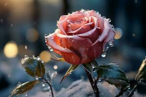 A romantically frozen red rose stands out against a snowy, magical background AI Generated photo