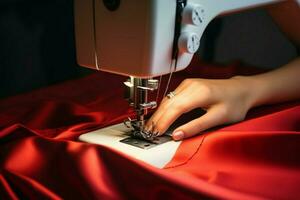 Skillful hands adorned with red manicure bring fashion ideas to life with a sewing machine AI Generated photo