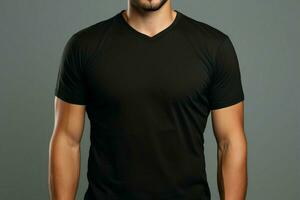 Timeless comfort man showcases ease in simple black t shirt, radiating casual confidence AI Generated photo