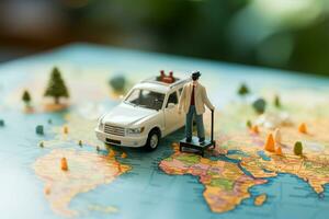 Close up Miniature businessman, suitcase, handbag, and white car amid a vibrant world map AI Generated photo