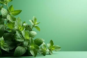 Copy space on a pale green backdrop, adorned with foreground mint leaves AI Generated photo