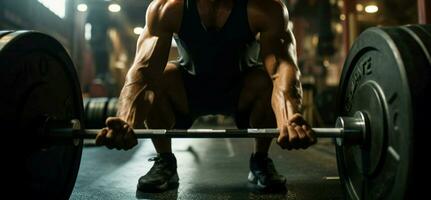 un gimnasio caminante, músculos en enfocar, prepara a levantar un barra con pesas desde abajo ai generado foto
