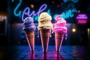 Neon lit paradise savoring creamy ice cream in vibrant, sugary hues AI Generated photo