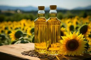 Sunflower oil bottle in focus against a vibrant sunflower field backdrop AI Generated photo