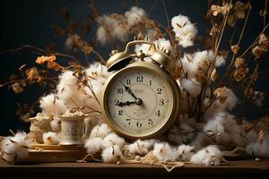 Set clocks back with a banner featuring clock and cotton arrangement AI Generated photo