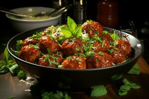 Bowl of succulent spicy meatballs in a rich and flavorful tomato sauce AI Generated photo