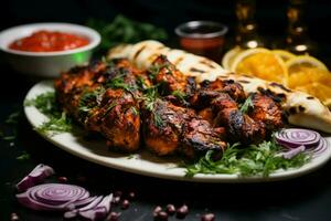 Culinary harmony Chicken kebab on lavash, served with fresh herbs, onion, and tangy adjika AI Generated photo