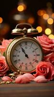 Alarm clock and a vintage rose flower background create a captivating scene Vertical Mobile Wallpaper AI Generated photo