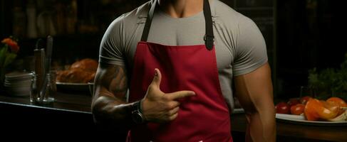 Muscular man wearing apron gestures at center Chef or waiter mock up AI Generated photo