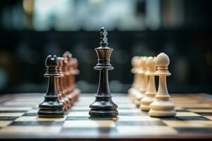 Chess figures on a wooden tables side view epitomize business strategy AI Generated photo