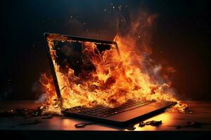 ordenador portátil ardiendo, llamas consumir eso en un ardiente, destructivo espectáculo ai generado foto