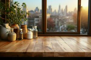 Spacious table in front of blurred kitchen window ideal backdrop for artistic presentations AI Generated photo