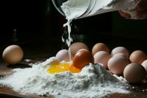 Adding an egg to flour, a pivotal moment in dough preparation AI Generated photo