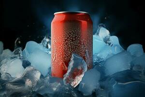 Cold beverage in a can, accompanied by frosty ice cubes, promises summer refreshment AI Generated photo