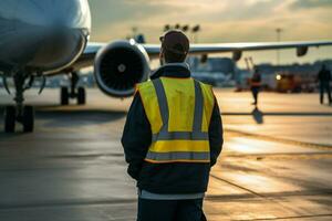 espalda ver aeronave mantenimiento supervisor cabezas a estacionado avión de línea en aterrizaje campo. ai generado foto