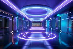 Transformed from an underground parking corridor, a futuristic stage room awaits AI Generated photo