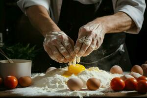 del chef manos agrietamiento un huevo dentro un montículo de harina, comenzando preparación ai generado foto