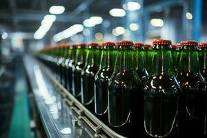 Shallow DOF captures conveyors beer bottles, emphasizing precision in selective focus AI Generated photo