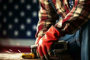 Labor Day representation Gloved laborer, toolbelt, measure against US flag background AI Generated photo