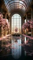 Elegant celebration space Banquet hall with stage, dance floor, and flowers Vertical Mobile Wallpaper AI Generated photo