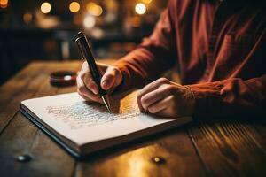 Focused hand writes on a notebook, embracing the art of work  AI Generated photo