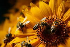 Bees gather sunflower nectar, dusted in yellow pollen, a pollination marvel AI Generated photo