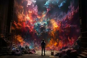 Spray paint artist immortalizes the human mind on celestial walls  AI Generated photo