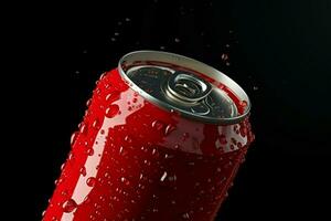 Isolated on black, a red soda can falls, accentuated by water droplets AI Generated photo