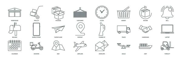 Delivery icon set, Included icons as Truck, Scooter, Warehouse, Envelope and more symbols collection, logo isolated vector illustration