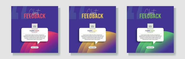 Modern client testimonials social media post design set. Customer service feedback review social media post template. vector