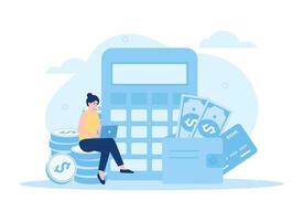 Business people working among calculator, cash, wallet and credit card concept flat illustration vector