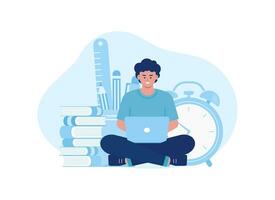 Time to learn. Students are sitting and studying using laptops concept flat illustration vector