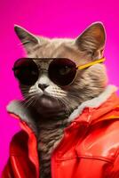 cool cat with fashionable clothes and wearing sunglasses. Simple animal creative concept isolated on colorful background. photo