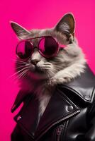 cool cat with fashionable clothes and wearing sunglasses. Simple animal creative concept isolated on colorful background. photo