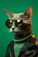 cool cat with fashionable clothes and wearing sunglasses. Simple animal creative concept isolated on colorful background. photo