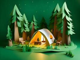 camping tent with tent in the forest. paper cut photo