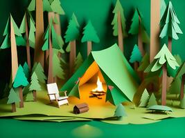 camping tent with tent in the forest. paper cut photo