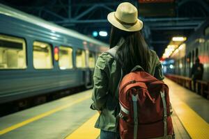 On the train platform, an Asian woman traveler looks out, patiently waiting AI Generated photo