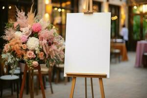 Easel holds empty white photo board, anticipating a weddings captured moments AI Generated