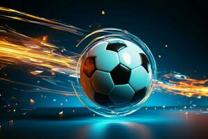 Abstract competition backdrop Soccer ball graphic on a digitally designed illuminated ground AI Generated photo