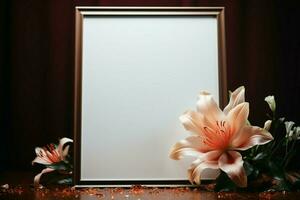 un marco, vacío de imágenes, gracias un brillante superficie cerca un floreciente flor ai generado foto