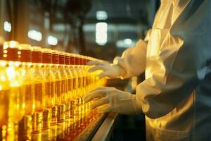 Close up of factory worker in white coat holding oil bottle near conveyor AI Generated photo