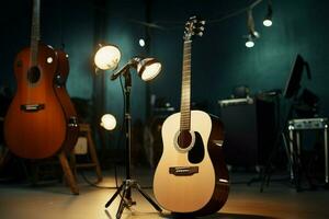 en el grabación estudio, un acústico guitarra espera sus hora a armonizar. ai generado foto