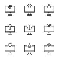 Set of signs for UI, adverts, books drawn in line style. Editable stroke. Icons of paw, at sign, user, arrow, anchor, heart, plane on computer vector