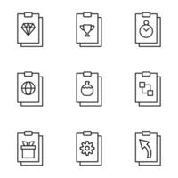 Set of signs for UI, adverts, books drawn in line style. Editable stroke. Icons of diamond, award, timer, globe, lab bulb, cubes, gear, arrow, giftbox on clipboard vector