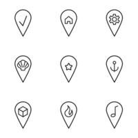 Set of signs for UI, adverts, books drawn in line style. Editable stroke. Icons of checkmark, house, gear, seashell, star, anchor, cube, fire, musical note in map pin vector